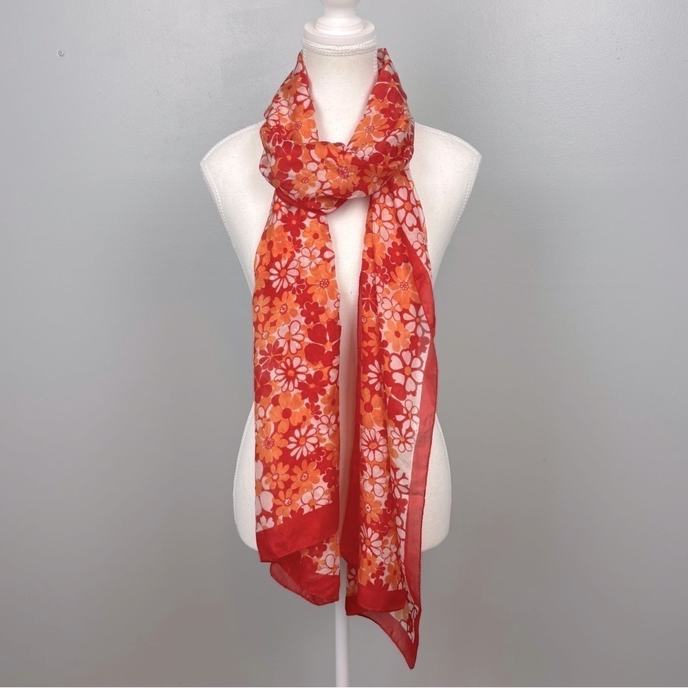 Bijoux Terner 100% silk pink & orange floral daisy print scarf.